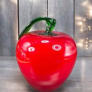 Large Art Glass Apple With Green Stem Glass Figurine Decor Paperweight Vintage